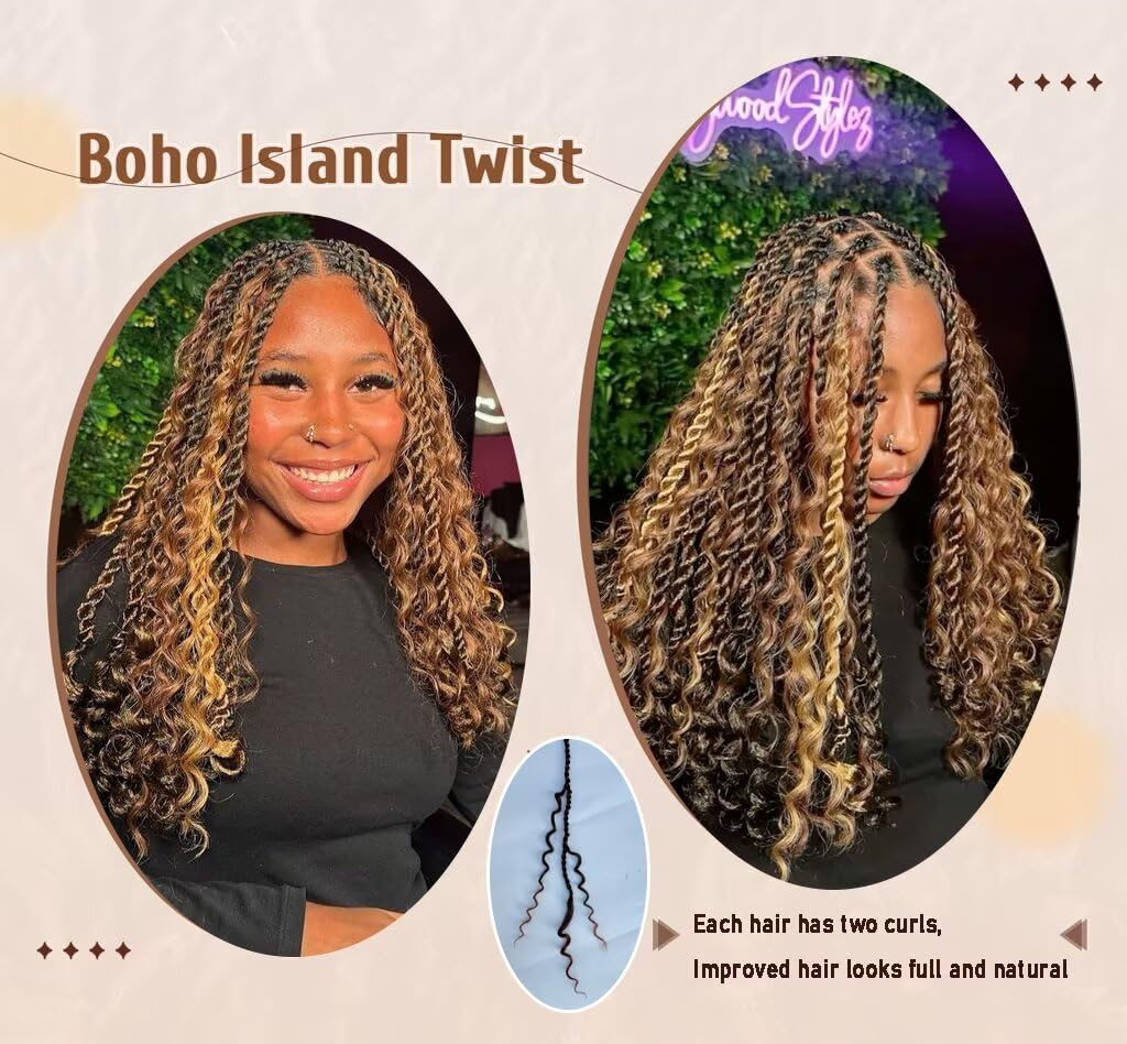 Boho Island Twist Crochet Hair 8 Packs 18 Inch Omber Burgundy Pre-Looped Goddess Senegalese Twist Crochet Hair with Curly Ends Boho Style Braids for Women T1B/BUG#