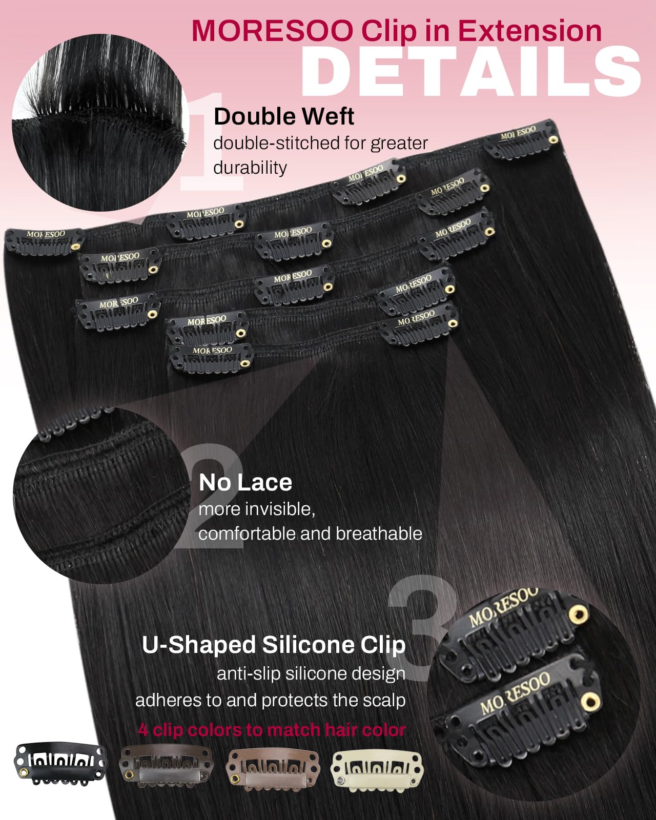 Moresoo Natural Black Clip in Hair Extensions Short Human Hair Clip in Extensions Black for Women Remy Hair Extensions Clip ins Short Double Weft 80g/5pcs 10 inch