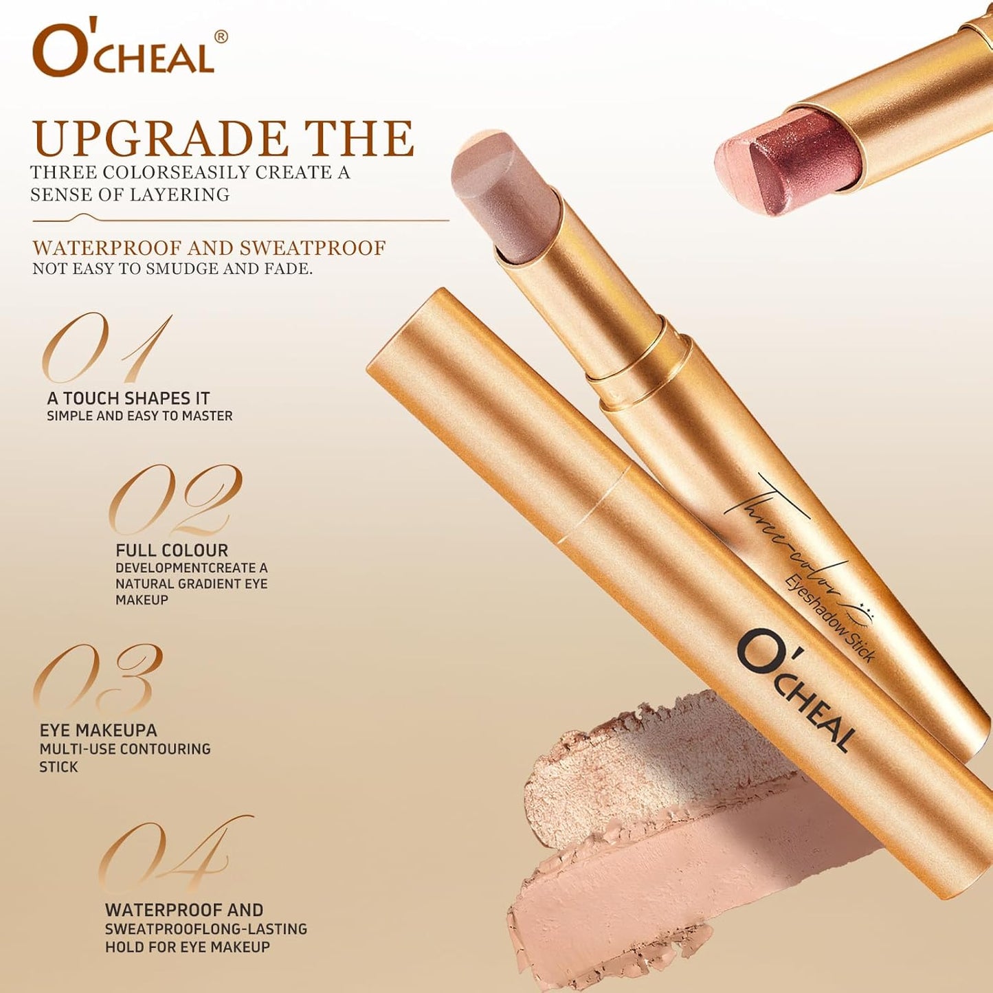 O'CHEAL 4PCS Gradient Eyeshadow Sticks - Matte & Shimmer Waterproof | Long-Lasting, Easy Application