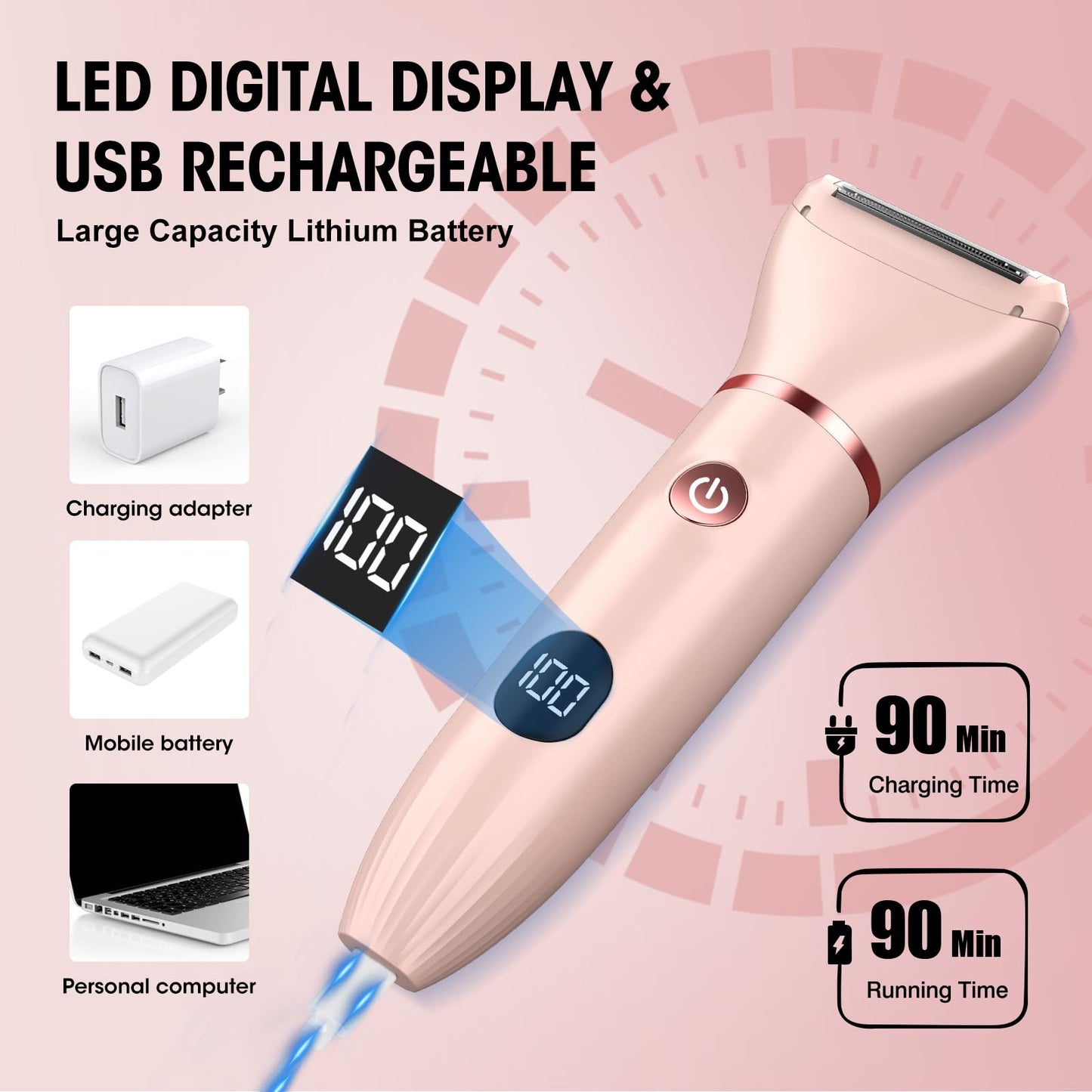 Zesuti Bikini Trimmer for Women- 3 in 1 Painless Electric Razors for Women,Waterproof Pubic Hair Trimmer and Facial Hair Remover,LCD Display Body Shaver for Trip,Rechargeable Women's Grooming Kit