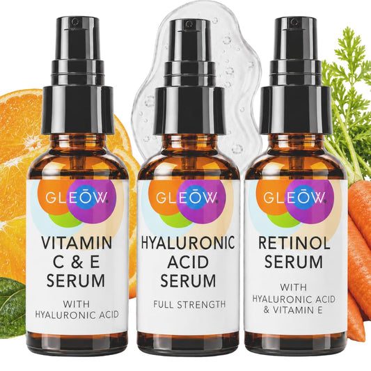 GLEOW Skincare Set: Retinol, Vitamin C, and 99% Hyaluronic Acid Serum, Face Serum Set Targets Appearance of Uneven Skin and Dryness, Total Package Serum Set 3x1 oz