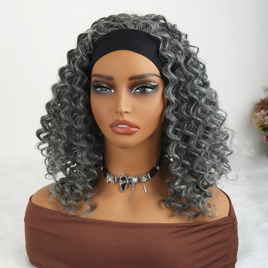 Aisaide Kinky Curly Headband Wig 12 Inch Grey Deep Curly Headband Wigs for Women Short Glueless No Lace Deep Curly Half Hair Wig