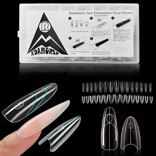Original Sandwich Nails Dual Forms, 240Pcs Reusable Nail Forms for Acrylic & Builder Gel Nails Extension, 15 Sizes Easy to Use Plastic Forms(Almond Round)