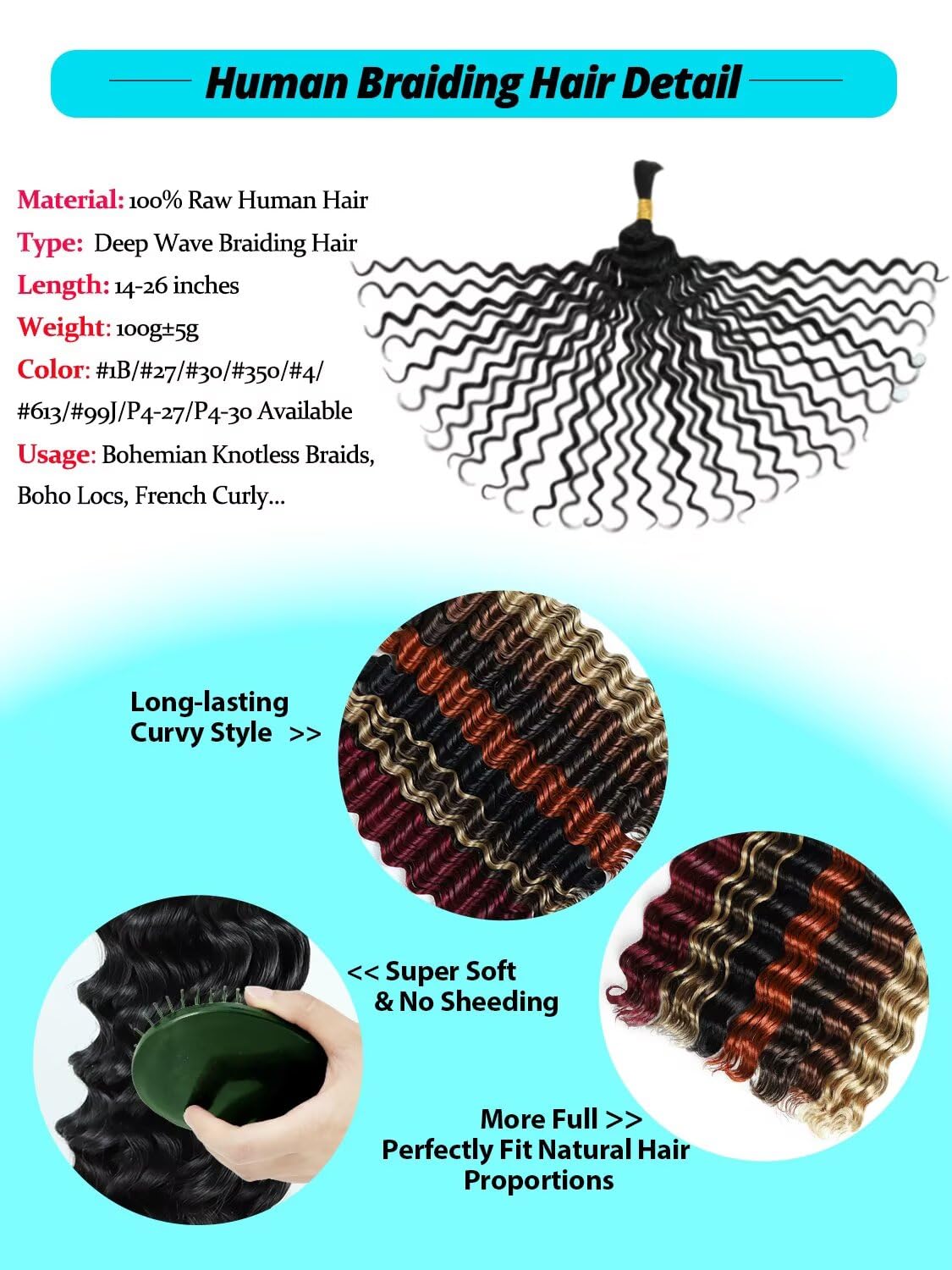 12A #350 Copper Ginger Human Braiding Hair for Boho Braids 3 Bundles 14 Inch 100g Deep Wave Braiding Hair for Bohemian Knotless Braids 100% Unprocessed Virgin Bulk Hair Extensions No Weft