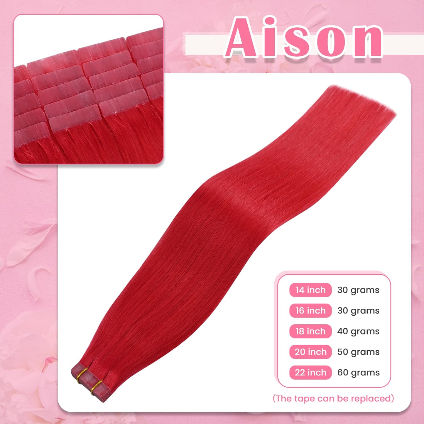 Aison Red Tape in Hair Extensions Human Hair 16 Inch 30G 100% Remy Human Hair Extensions Silky Straight for Women 20 Pcs/Package