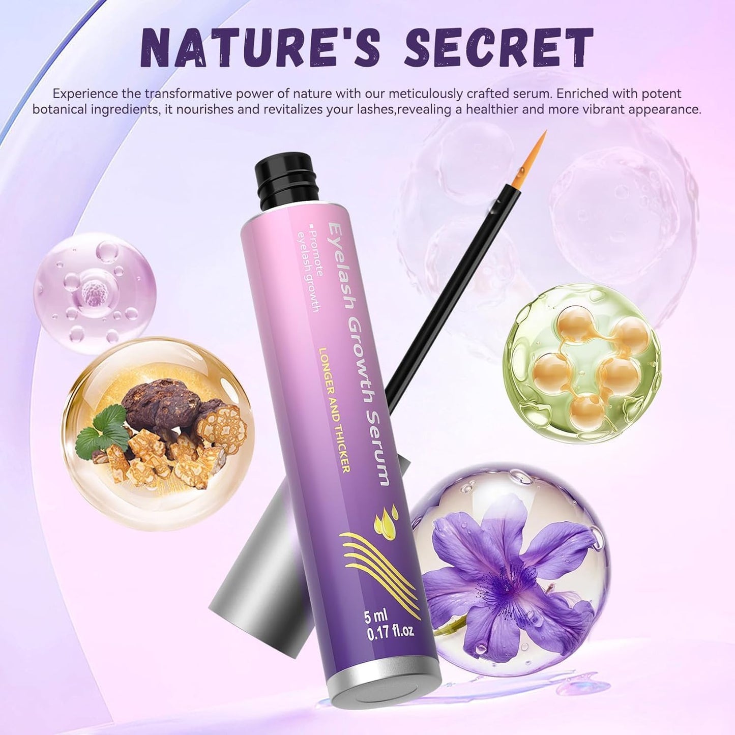 Lash Growth Serum - Gentle Daily Nourishing Treatment for Longer Thicker Fuller Lashes - Vegan Cruelty-Free Sensitive Eyes Safe (5ml)
