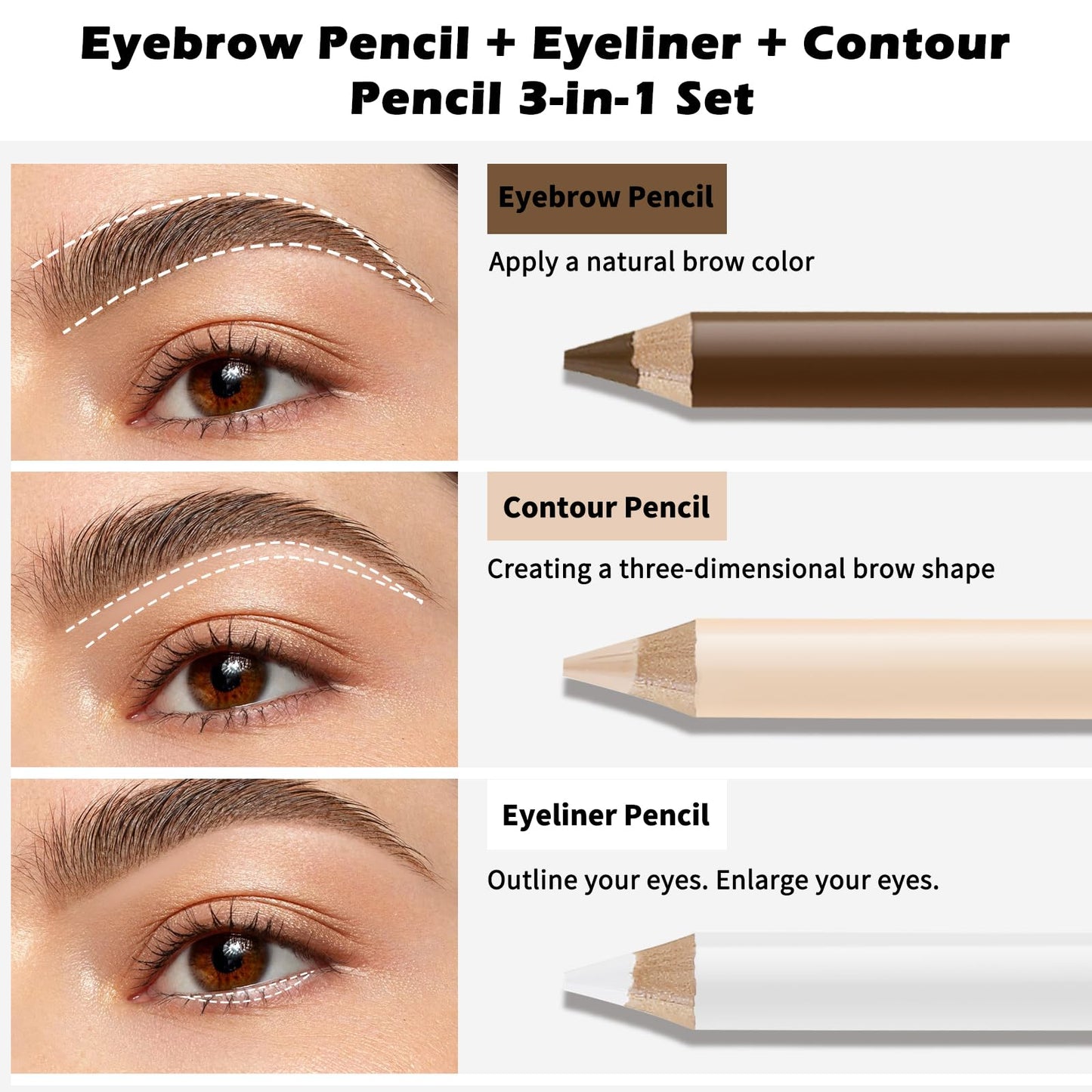 Apooliy 3Pcs Eyebrow Pencil Eyeliner Contour Set, Waterproof Long Lasting Brow Pen, Smooth White Eyeliner,Translucent Contour Pen,3 Colors Makeup Pencil