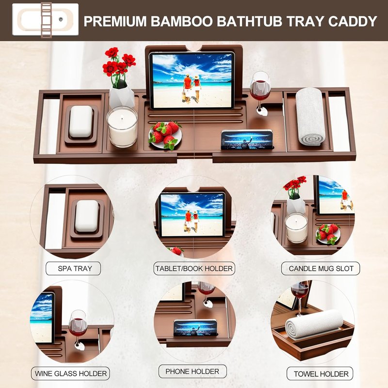 Bathtub Tray Caddy - Premium Expandable Bath Table Fits Most Tubs | Stylish and Functional Design
