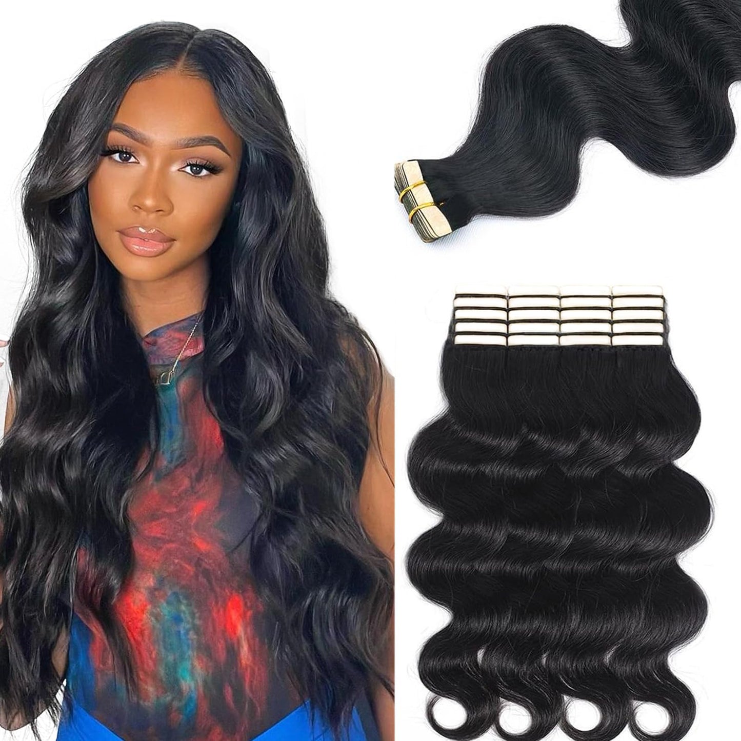 Tape in Hair Extensions Human Hair Body Wave 100% Remy Human Hair 16 Inch 50g/pack 20pcs Tape Hair Extensions Natural Black Real Human Hair Extensions for Black Women Human Hair Tape in Extensions