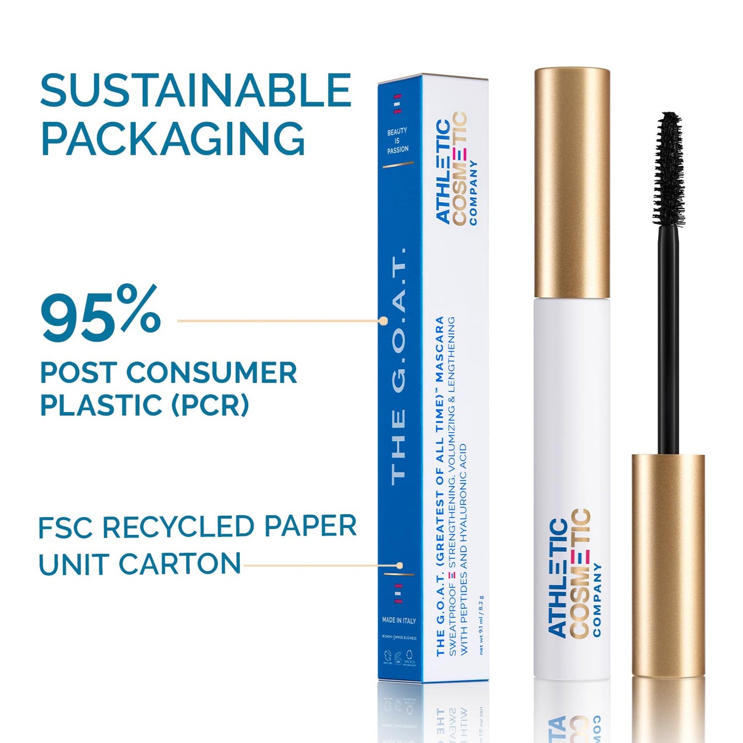 The G.O.A.T Waterproof Mascara - Clean, Nontoxic, Vegan, Smudge Proof, Sweatproof, Sustainable, Infuse lashes with Peptides & Hyaluronic Acid, Volumizing & Amplifying