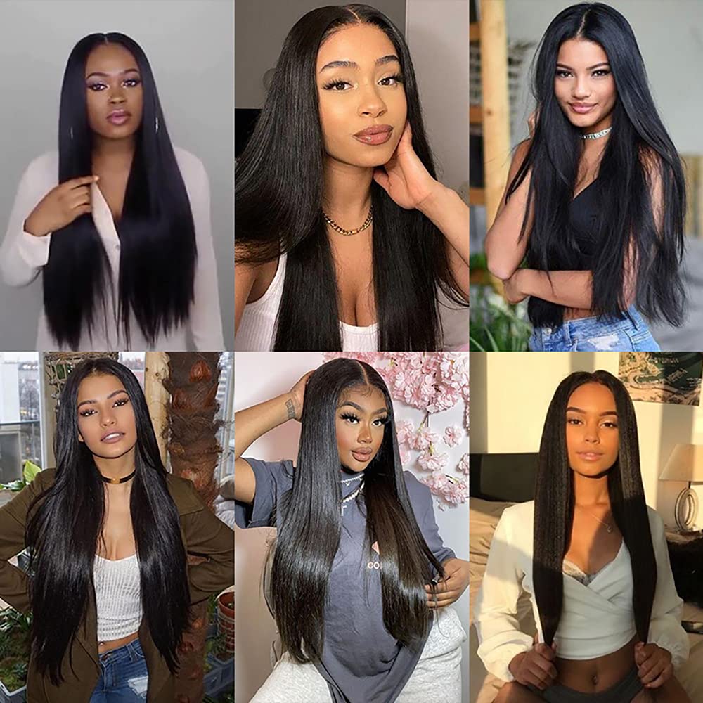GveoXvo Straight Human Hair Bundles 16 18 20 Inch Straight 3 Bundles Human Hair Brazilian Remy Virgin Hair Extensions Straight Hair Bundle Natural Black 50g Per Bundle