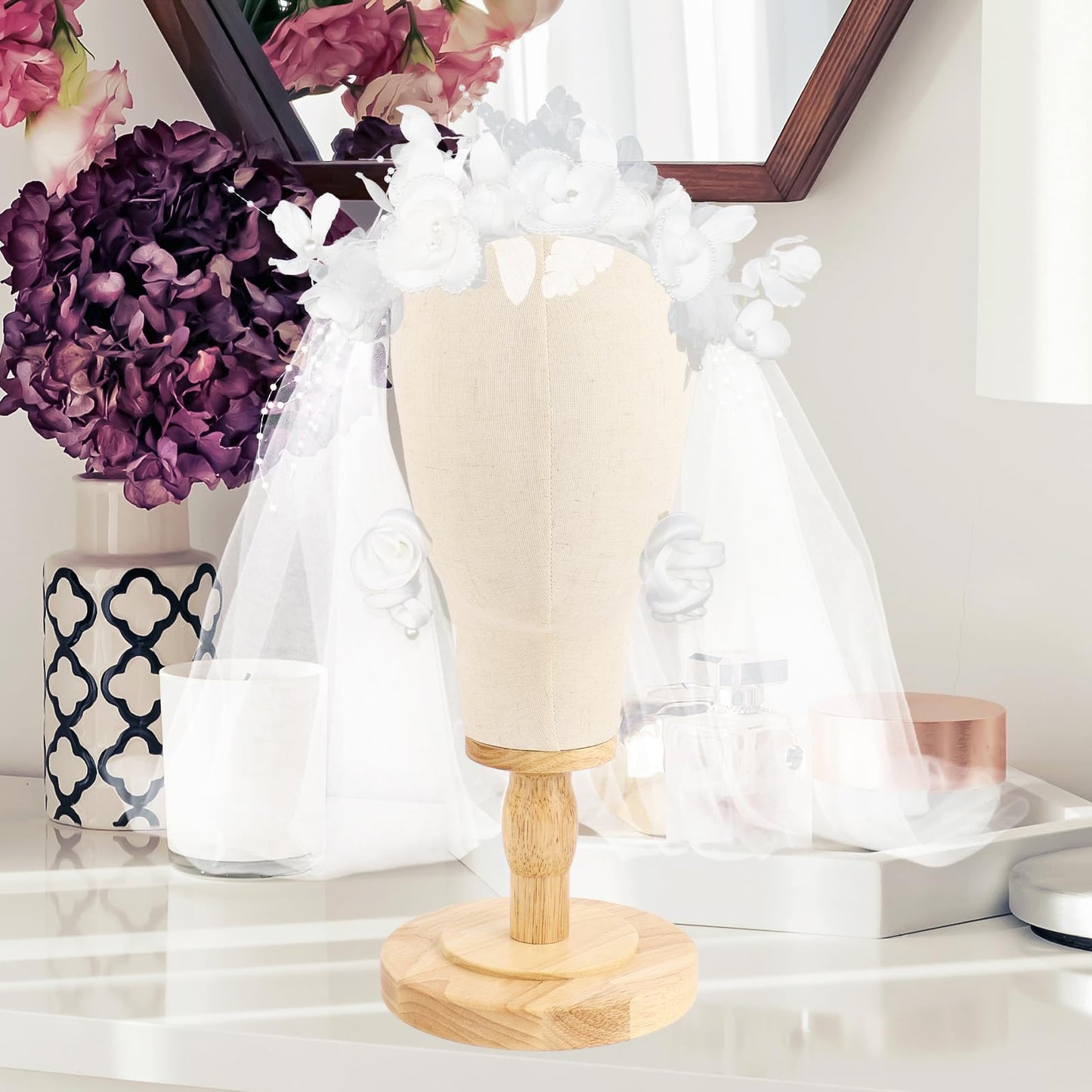 Beauty Star Wig Stand, 22inch Mannequin Head for Wigs with Detachable Strong Wood Base, Canvas Block Wig Head Holder Rack Ideal for Hair Styling, Display Hats, Wig Making, Headdress