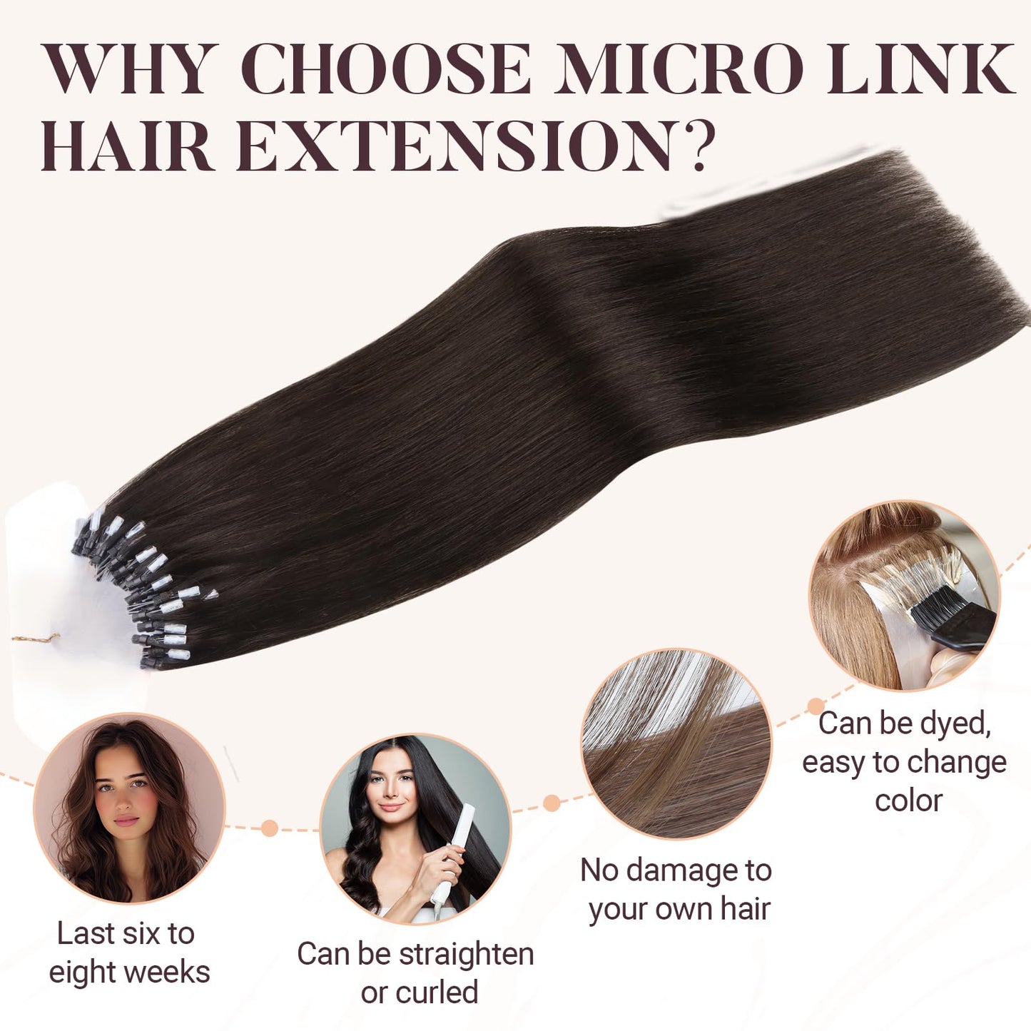 MAXITA Microlink Hair Extensions Human Hair Dark Brown Micro Bead Hair Extensions Real Human Hair, 50g/50 Strands/Pack, 16 In