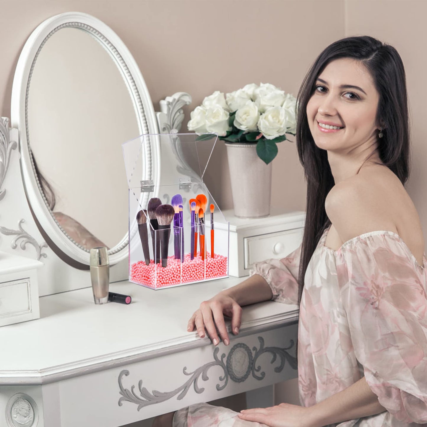 LOHRYVIO Acrylic Makeup Brush Holder with Lid - Clear Cosmetic Makeup Brush Organizer and Storage Box with Cover for Vanity - Large Capacity 3-Slots Container for Brushes (Clear)