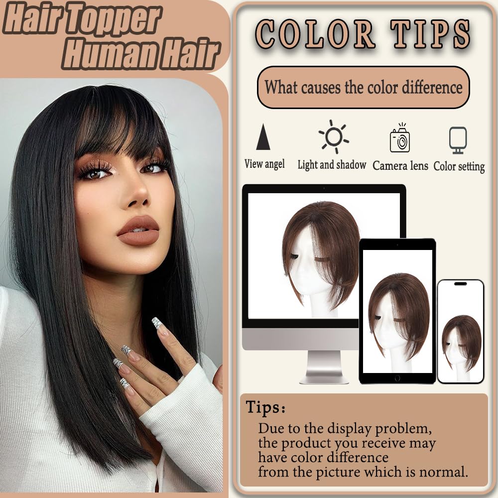 HVVZOY Hair Toppers for Women Real Human Hair, 360° 3D Real Human Hair Toppers for Women with Thinning Hair Clip in Bangs Big Coverage 12 Inch Hairpieces (1B, 3D Wispy Bangs)