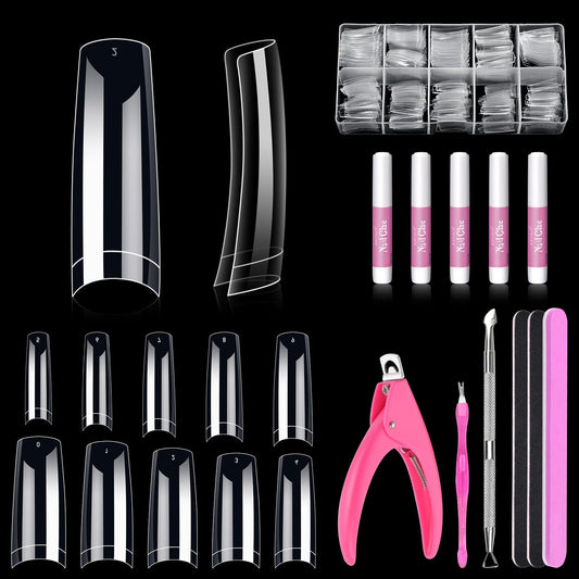 MORGLES Clear Acrylic Nail Tips, 500 Pcs Nail Tips Square Half Cover with Glue, Clipper, Files and Cuticle Fork for Salons and Home DIY