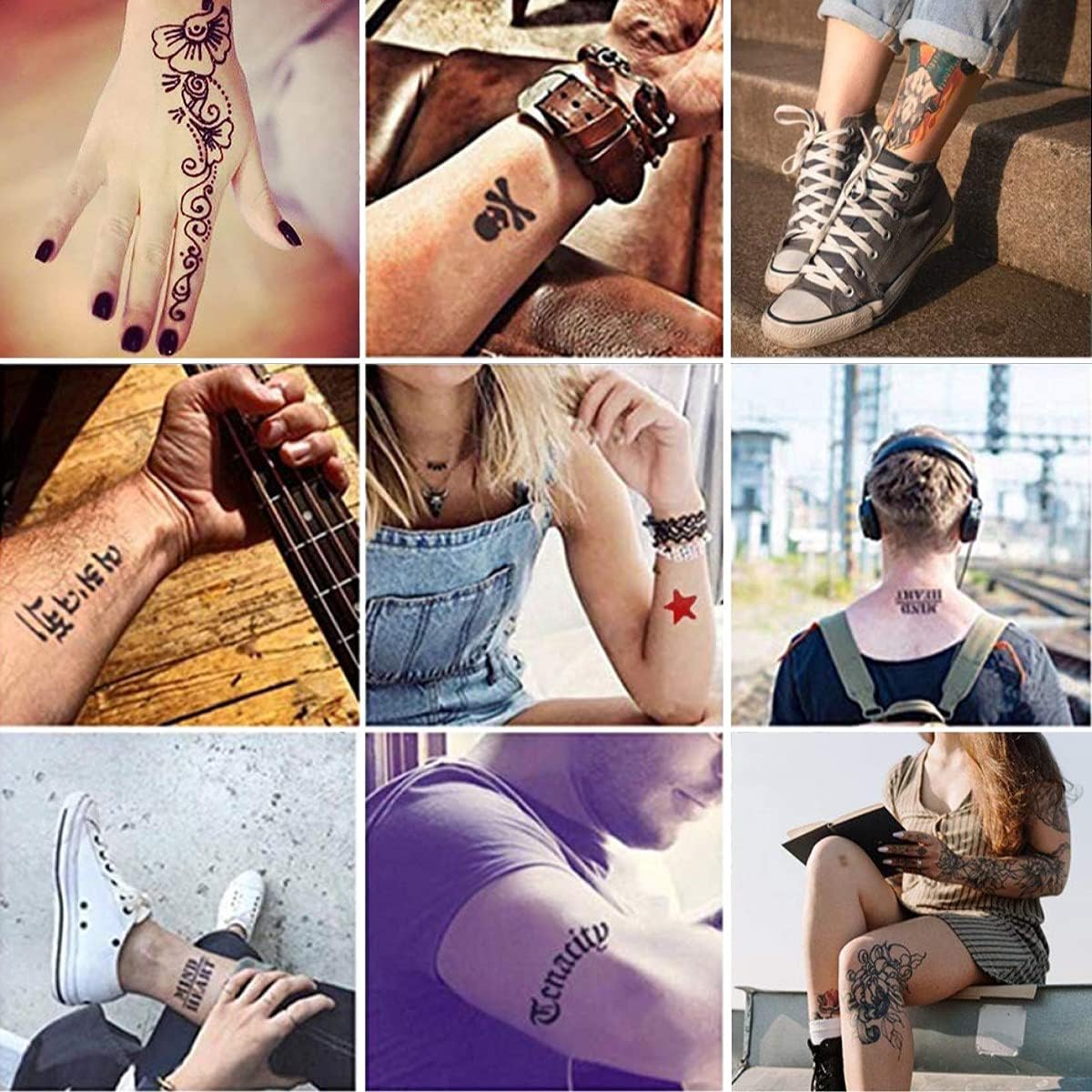 Temporary Tattoo Kit with 6 Bottles Semi Permanent Ink DIY Fake Freckles and 64 Patterns Adhensive Stencils for Women Men, Black/Brown