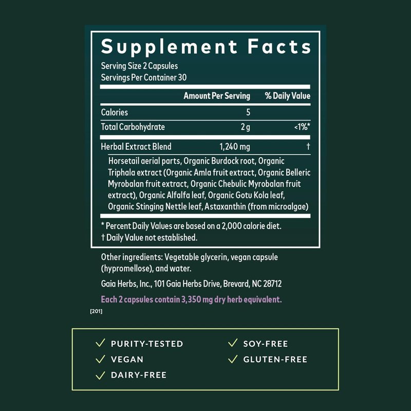Gaia Herbs Hair, Skin & Nails Supplement | Supports Healthy Skin, Hair & Nails with Astaxanthin & Horsetail - 60 Vegan Capsules