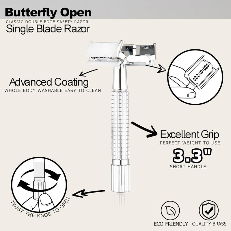 **WEISHI Butterfly Double Edge Safety Razor - Chrome Short Handle with 5 Stainless Blades for a Smooth Wet Shave**