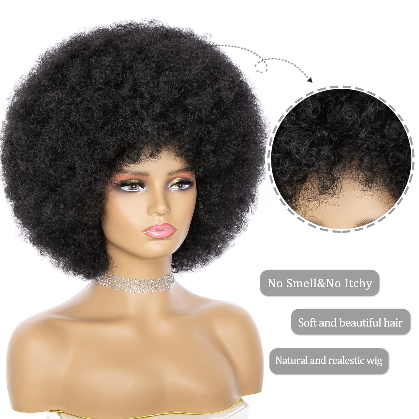Soft Afro Wigs For Women 70s Black Afro Kinky Curly Hair Wig With Bangs