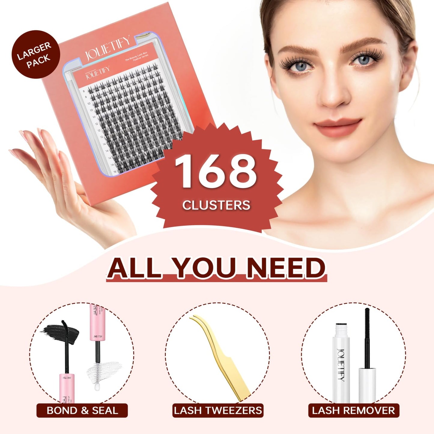 JOLIETIFY Lash Extension Kit, Faux Mink 8–16mm Clusters, Sculpted Accent Style with Dual-Bundle Design, Lightweight Volume, Waterproof Bond & Seal, Individual Lashes with Tweezers & Remover, Easy DIY