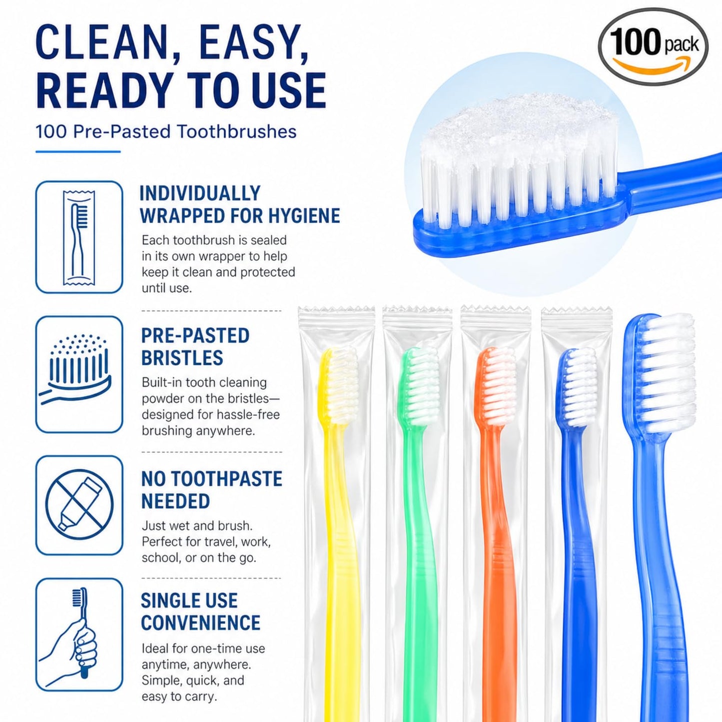 Ziliny 100 Pcs Prepasted Disposable Toothbrushes Bulk Individually Wrapped Pre Pasted Soft Bristle Set Travel Colorful Toothbrushes for Homeless Gift Hotel Camping Travel