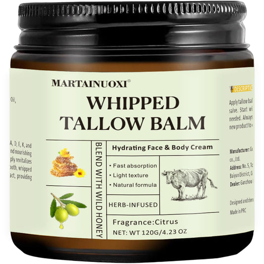 Beef Tallow Face Moisturizer - Tallow and Honey Balm with Orange Blossom, Intensely Hydrating for Dry Skin, Natural Whipped Cream for Face & Body, in Glass Jar, 4.23 oz (120g)