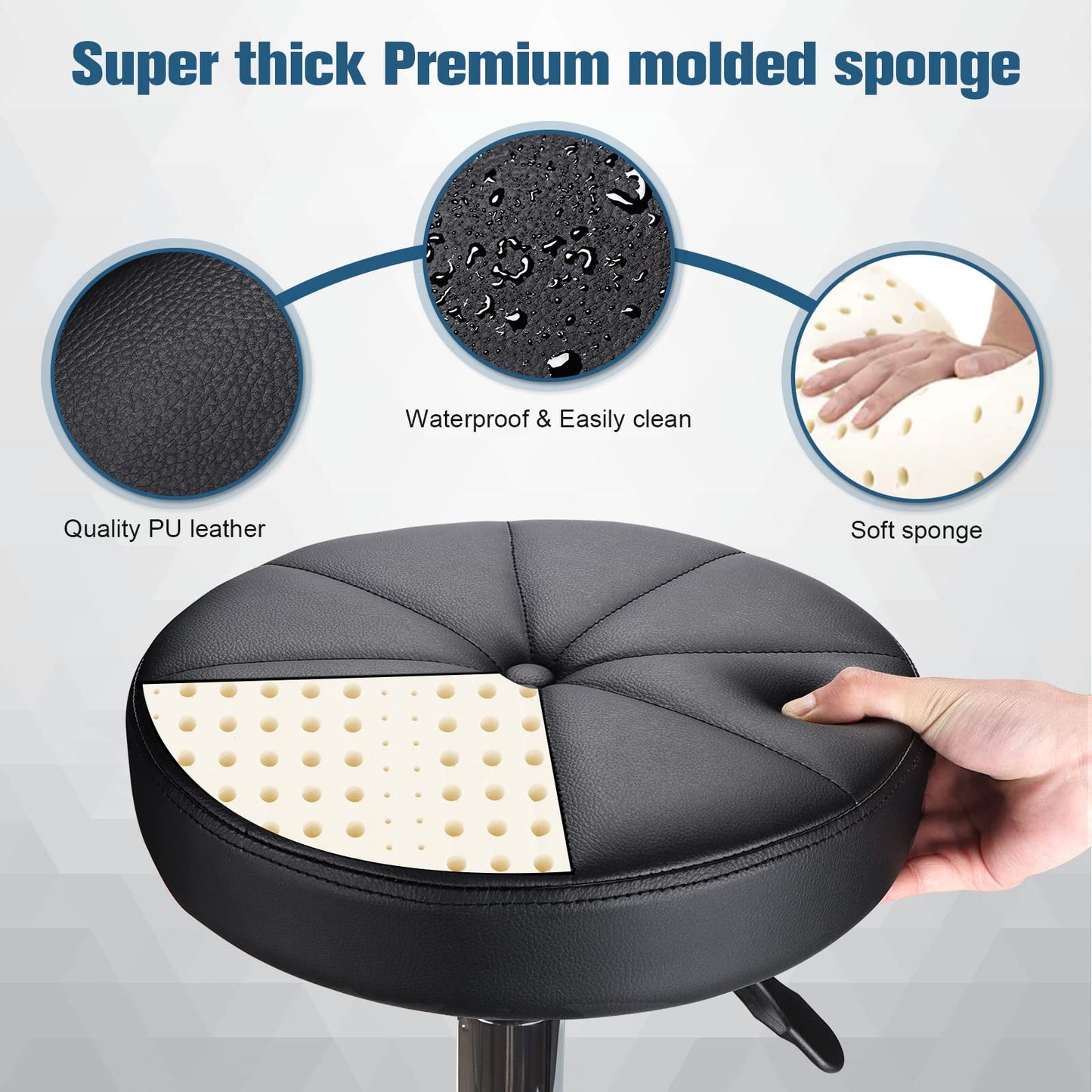 HMTOT Round Rolling Stool with Wheels Height Adjustable Swivel Stool Chair for Spa Salon Massage Black
