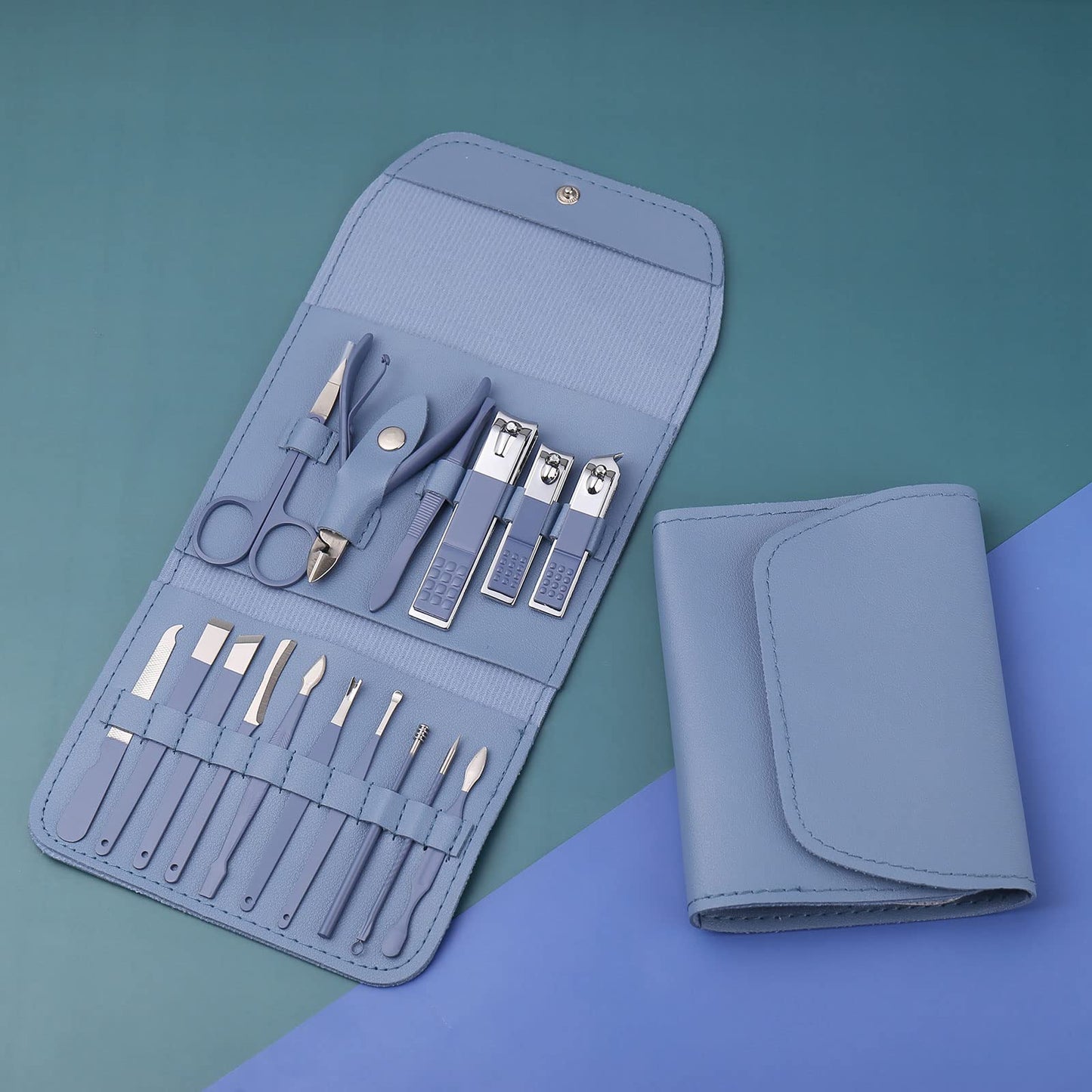 Manicure Set, Nail Clippers, Pedicure Kit, 16 in 1 Professional Grooming Kit Stainless Steel, Nail Toenail Scissors Tools with Luxurious Leather Travel Case for Men Women Blue Upgraded Version
