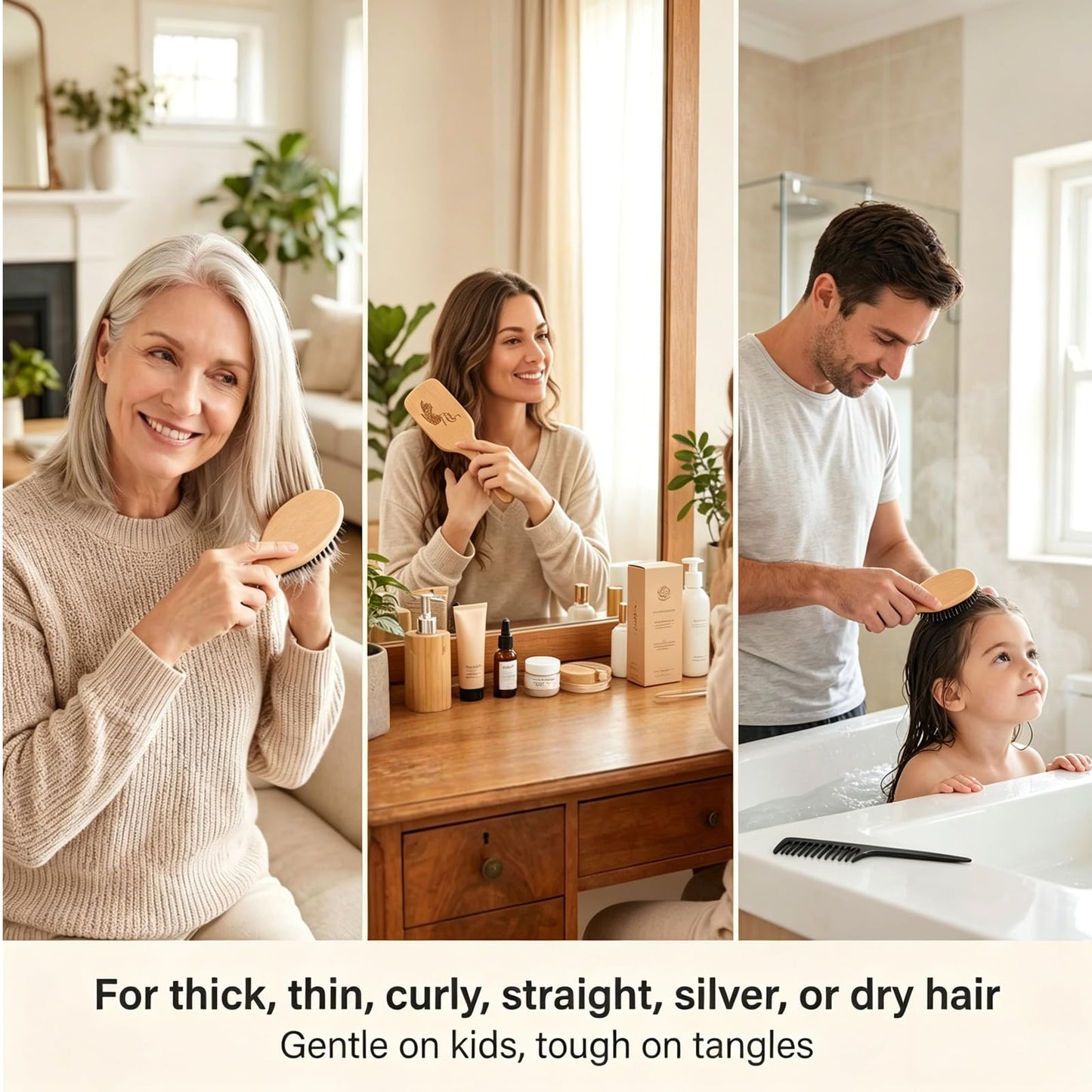 Boar Bristle Hair Brush and Comb Set for Women Men Kids, Best Natural Wooden Paddle Hairbrush and Small Travel Styling Brush for Wet or Dry Hair Detangling Smoothing Massaging