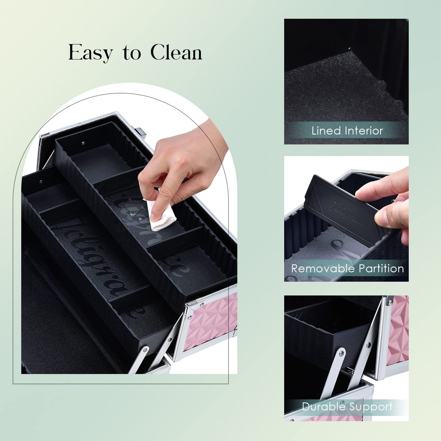 Joligrace Makeup Train Case Professional Cosmetic Organizer Aluminum Storage Box with 4 Adjustable Dividers Trays Lockable Portablewith Shoulder Strap - Neutral Pink