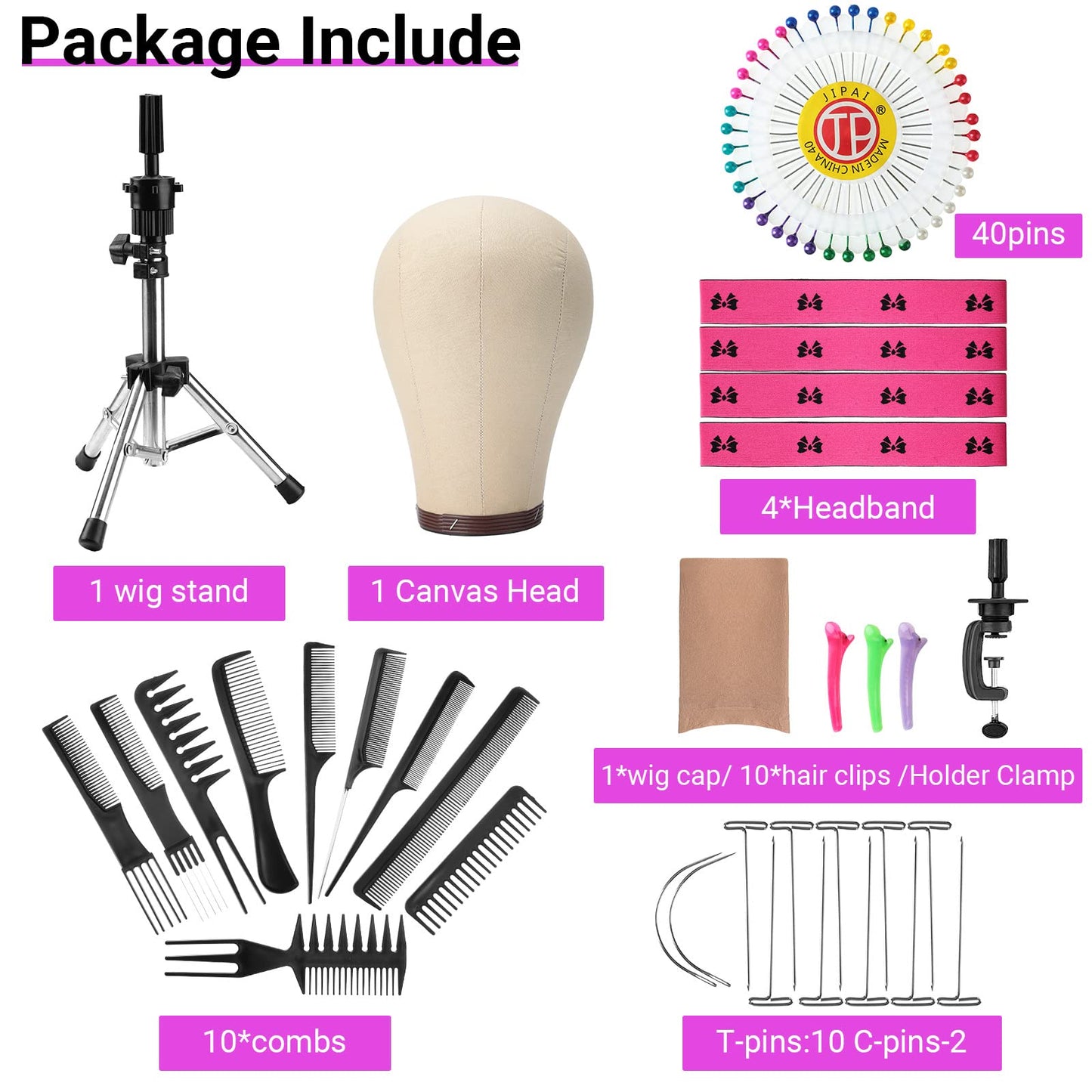 Yahenda 23 Inch Wig Cork Canvas Block Head with Mannequin Tripod Head Stand Wig Holder Stand with Pins Wigs Making Kit and Supplies Accessories for Cosplay Making Wigs Styling Display (White)