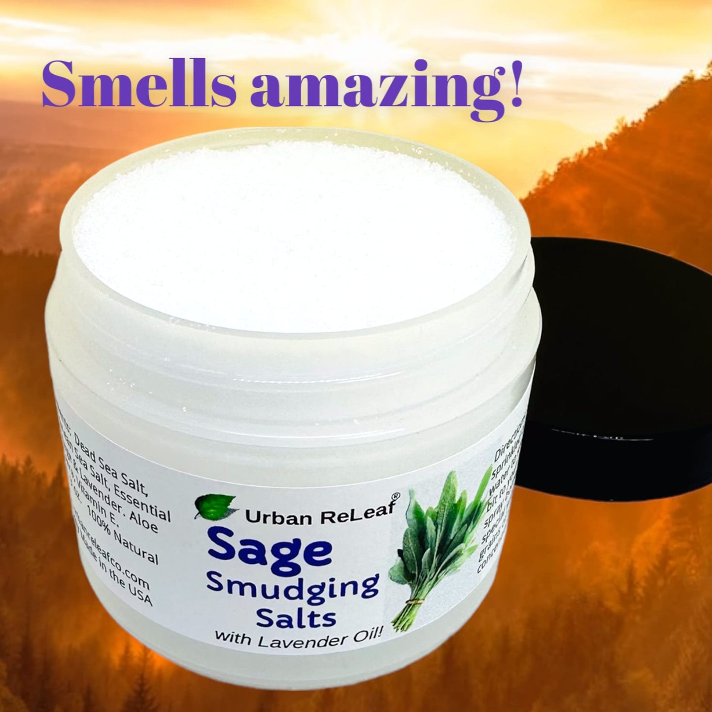 Urban ReLeaf Sage Smudging Salts with Lavender Oil ! Safe & Smokeless Smudge Cleanse Protect Bless Anointing. Fresh from USA! 100% Natural, Vegan. (Pack of 2)