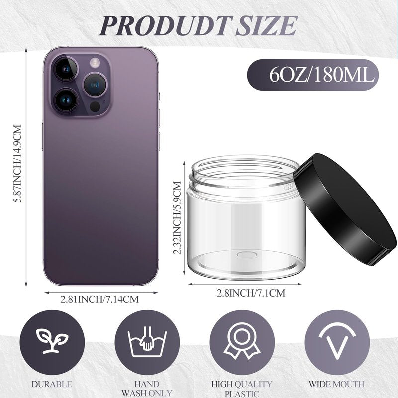 Patelai 60 Pcs Plastic Containers with Lids, Round Leakproof Cosmetic Containers, Multipurpose Storage Jars for Makeup, Lotion, Ointment, Rhinestone Samples, Dry Food and Toiletries(Black,6 oz)
