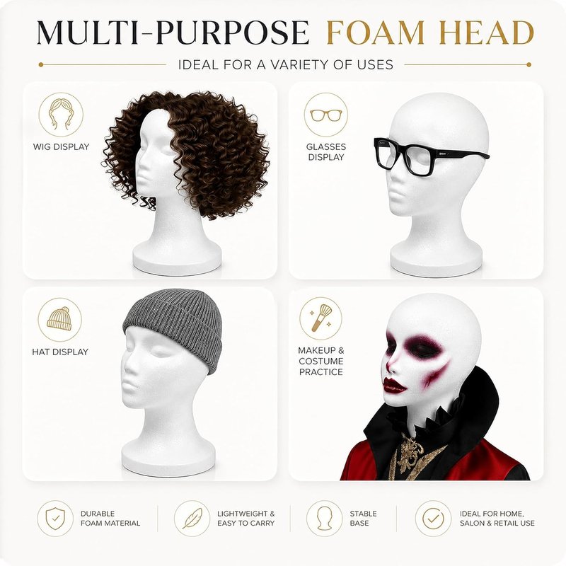 Foam Wig Head - 12-Inch Tall Female Mannequin Stand for Styling, Displaying Wigs, Hats & Masks | Perfect for Home, Salon & Travel