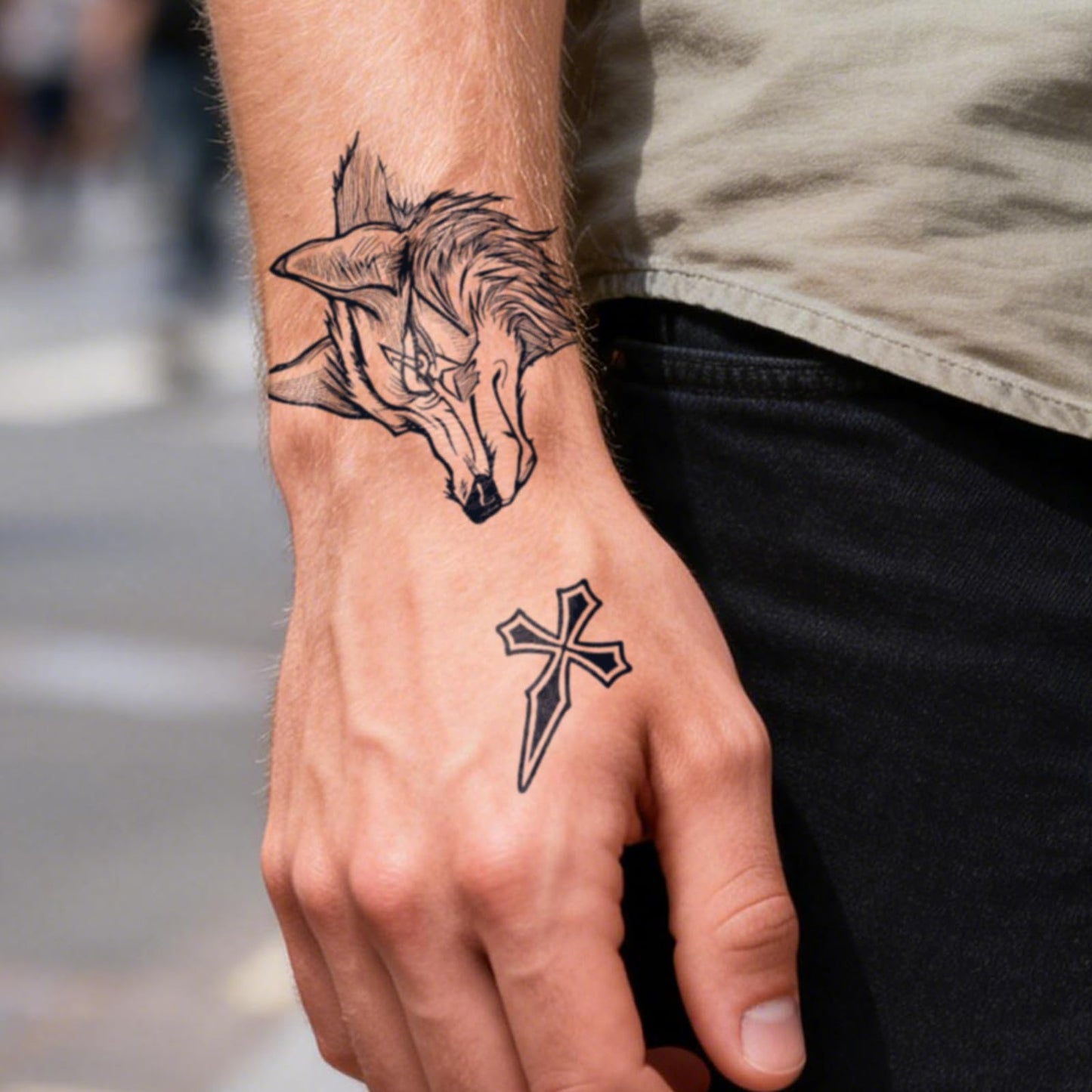 UBICA Semi Permanent Tattoos, 2 Sheets Realistic Temporary Tattoos for Men, Fake Tattoos for Hand Arm Wrist Ankle, Waterproof, No Reflective, Lasts 2 Weeks (Wolf Head Crown & Cross Angel Wings)