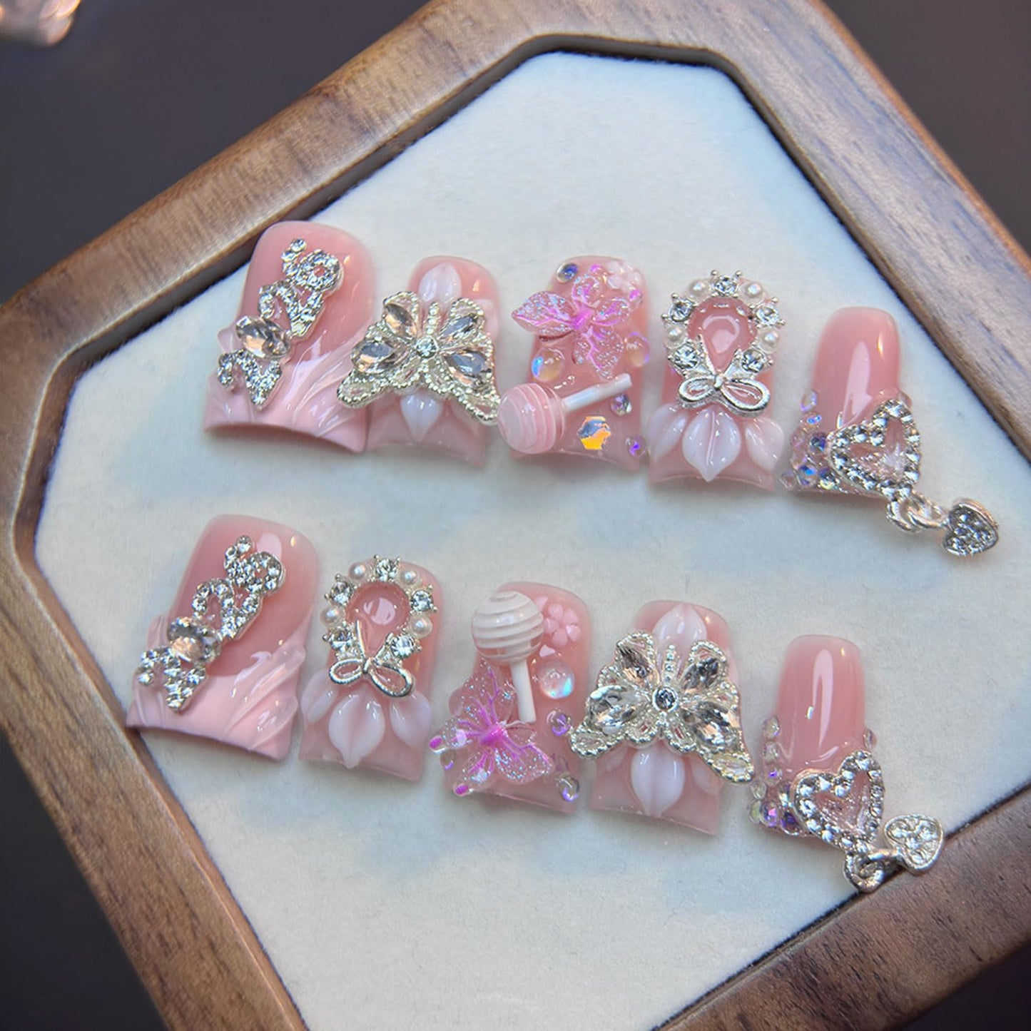 Duck Press on Nails Handmade Acrylic Nails Press Ons 3D Luxury Rhinestone Butterfly Designs Muti-Layer Gel Medium False Nails Full Cover Thicken Stick on Nails for Women Nail Art DIY 10 Pcs（M)