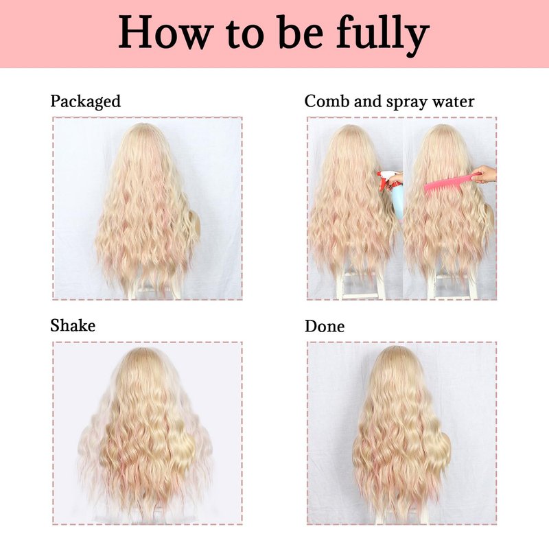 SAPPHIREWIGS Blonde Wig with Bangs Long Loose Wavy Wig Highlight Pink Hair Synthetic Heat Resistant Fiber Hair for Women Daily Party Use 26inch