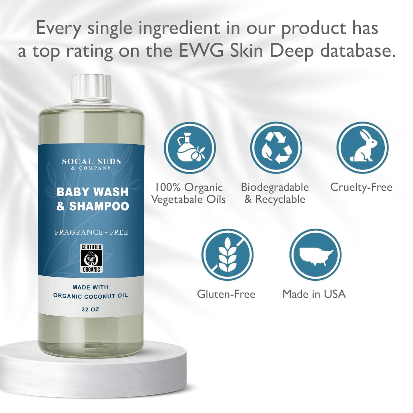 SoCal Suds & Company 2-in-1 Organic Foaming Baby Shampoo & Body Wash - Castile Soap - Gentle Body Soap and Shampoo for Sensitive Skin - Newborn & Kids Bath - Refill - Fragrance Free, 32oz (Pack of 1)