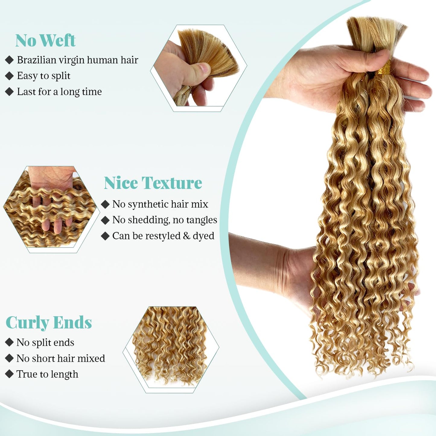 Water Wave Bulk Human Hair for Boho Knotless Braids 18 Inch Ombre Color Strawberry Blonde with Bleach Blonde Highlights No Weft 2 Bundles 100G Deep Curly Micro Extensions for Braiding
