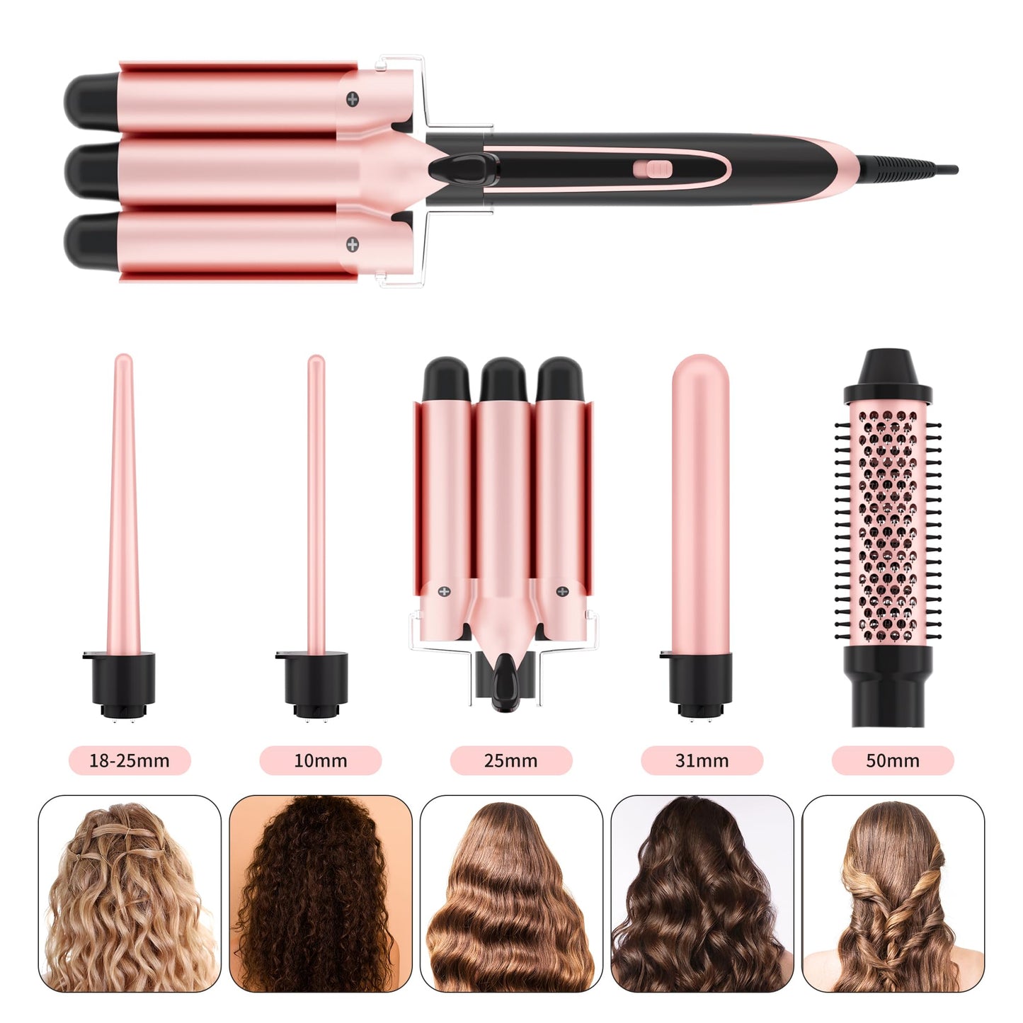 5-in-1 Curling Iron Set, Includes 3 Curling Irons and 4 Interchangeable Ceramic Barrels; Dual-Voltage Wavy Curling Iron; Comes with Protective Gloves and Hair Clips (0.3–1.5 inches), Rose Gold