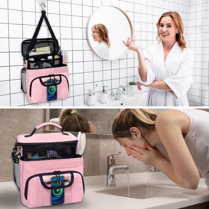 Large Toiletry Bag for Women Men, Bathroom Bag, Water Resistant Portable Shower Caddy for College Dorm, Hanging Toiletry Bags for Traveling, Gym Camping Cruise Ship Travel Essentials Shower Bag (Pink)
