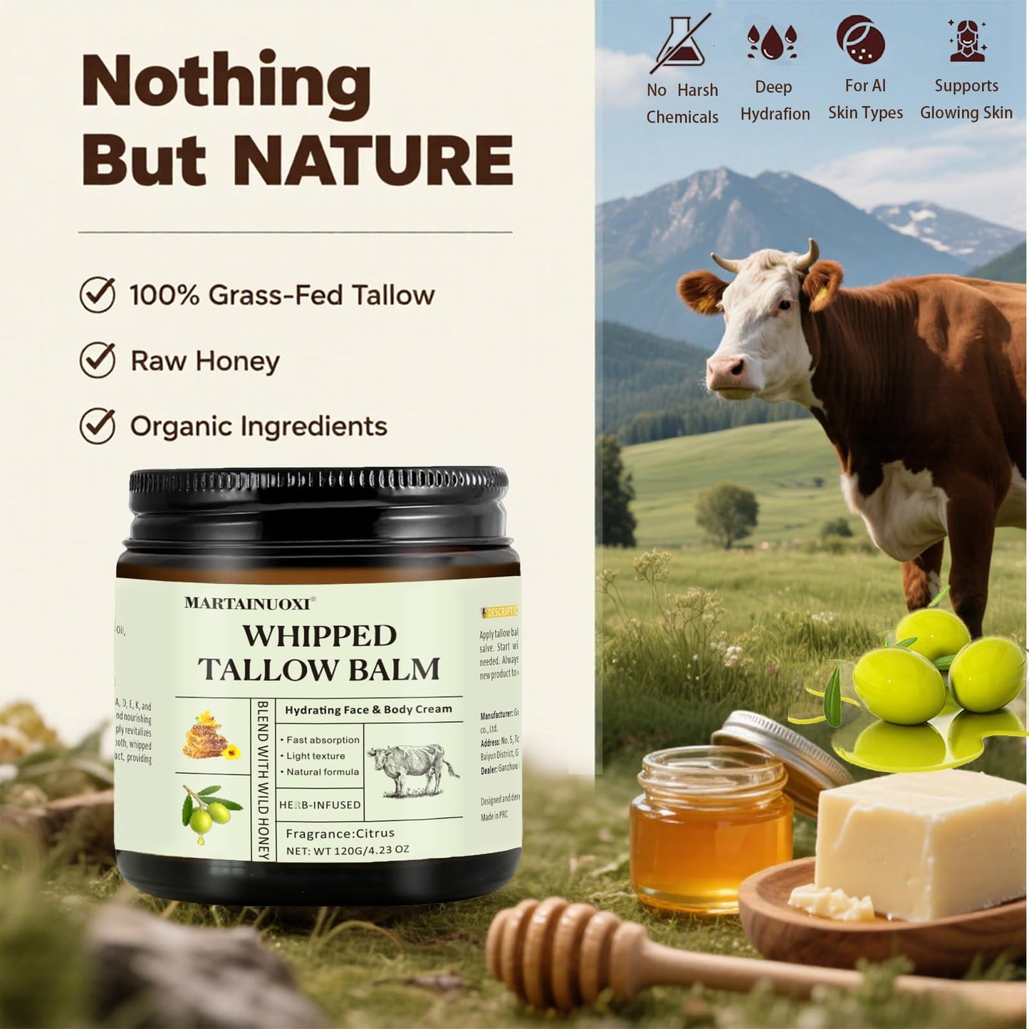 Beef Tallow Face Moisturizer - Tallow and Honey Balm with Orange Blossom, Intensely Hydrating for Dry Skin, Natural Whipped Cream for Face & Body, in Glass Jar, 4.23 oz (120g)