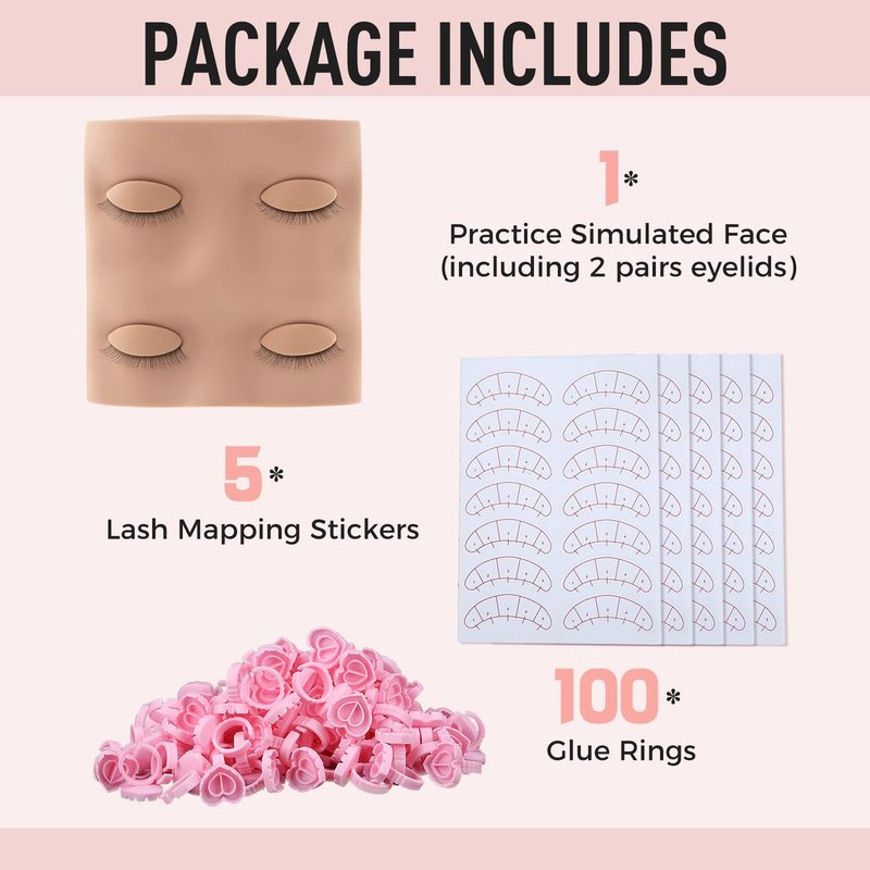 Pretty memory Lash Practice Kit with Mannequin Head, 100 Pcs Glue Rings for Eyelash Extension, 35 Pairs of Lash Mapping Stickers, Eyelash Extension Supplies for Practice