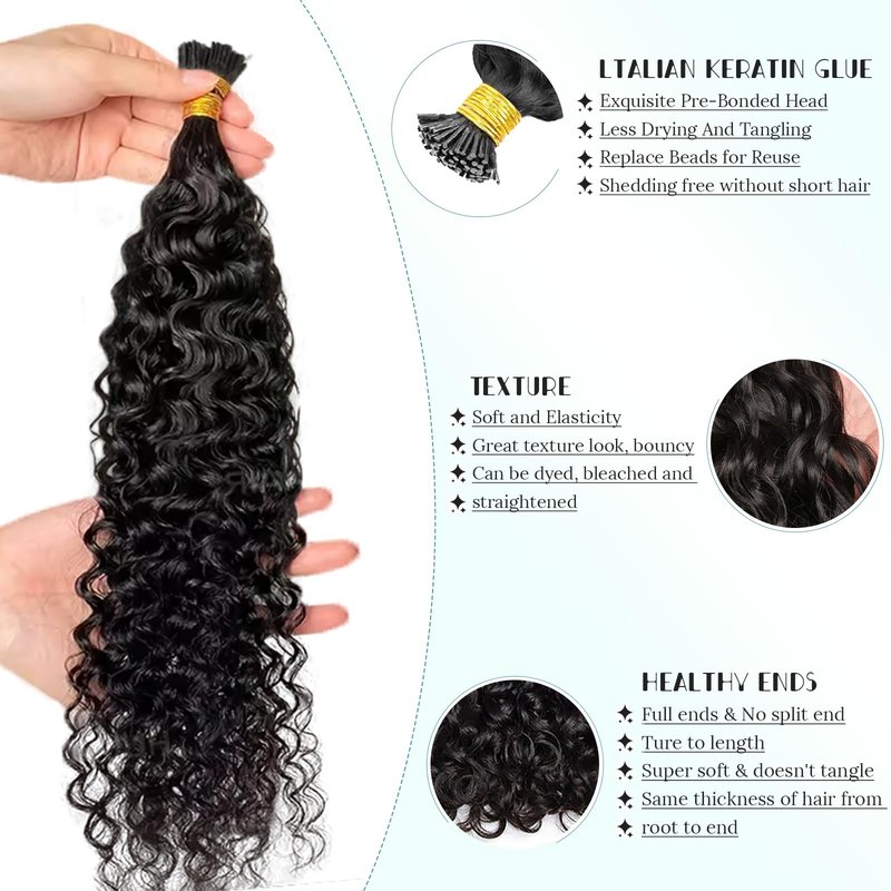 Curly I Tip Pre Bonded Human Hair Extensions Nail Tip Italian Keratin Fushion Hairpiece for Women 100 Strands Per Package Water Wave I Tip Hair Extension 100 Strands/Pack 50g