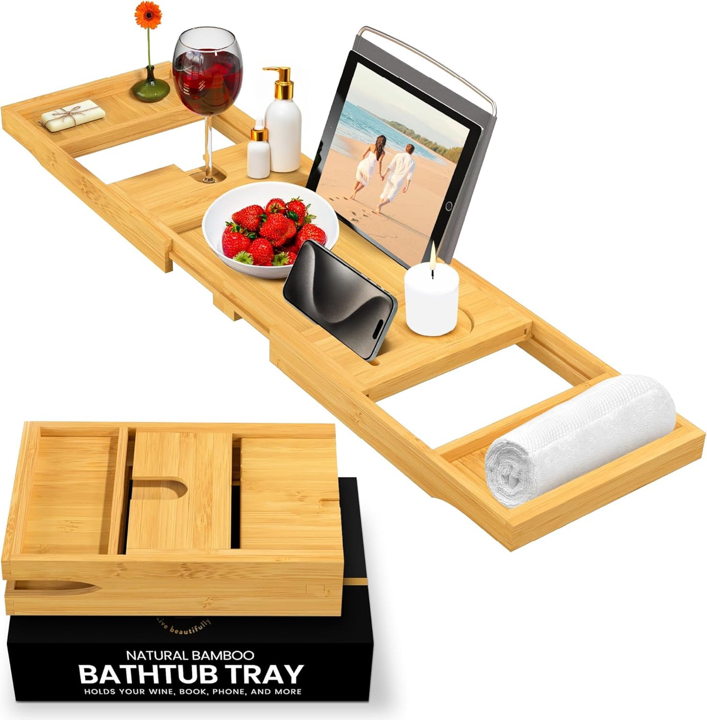 Bathtub Tray - Expandable Bamboo Bath Caddy with Wine Holder & Tablet Stand | Perfect Bathroom Accessory for Relaxation
