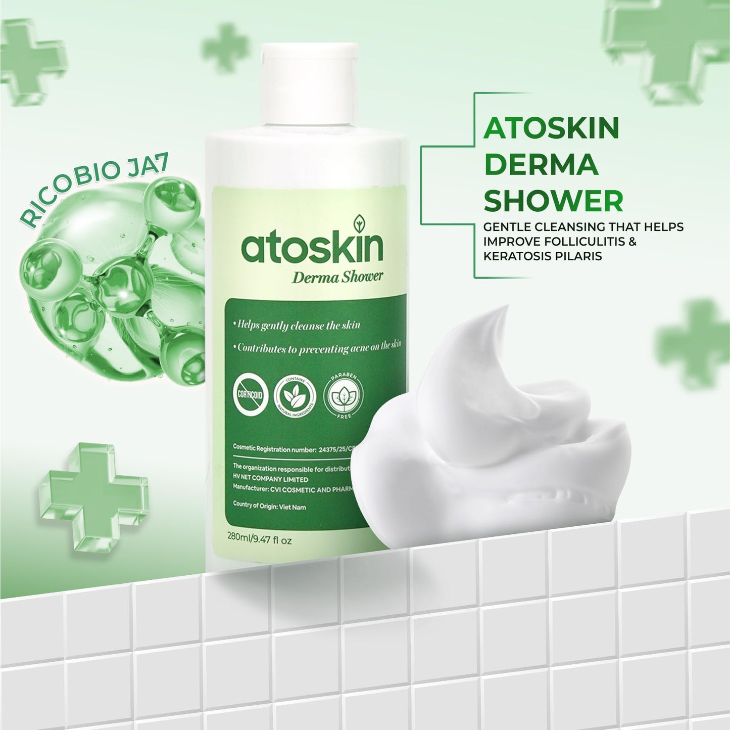Atoskin Derma Shower – Advanced Folliculitis Body Wash with Rosemary & Ricobio JA7 Herbal Extracts, Reduce Back Acne & Keratosis Pilaris, Gentle Formula for Sensitive Skin (9.47 oz)