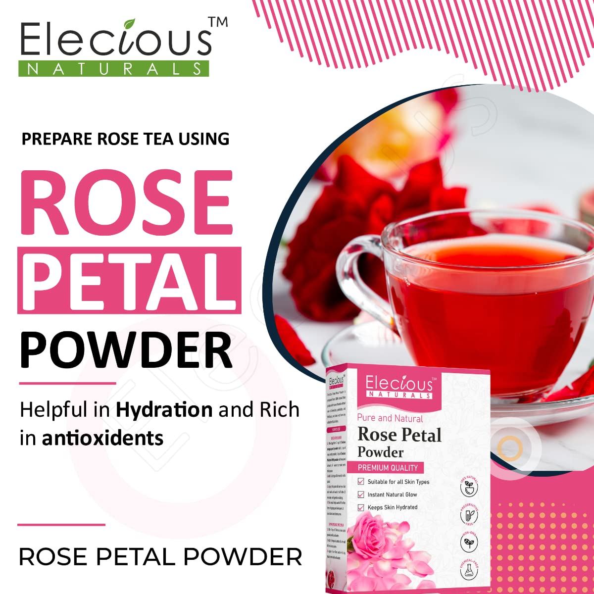 Elecious Pure Rose Petals Powder for Face, Skin and Hair Chemical-Free, Preservative Free, Non-GMO, No Artificial Color Added Moisturizes Dry Hair Cells 200gm