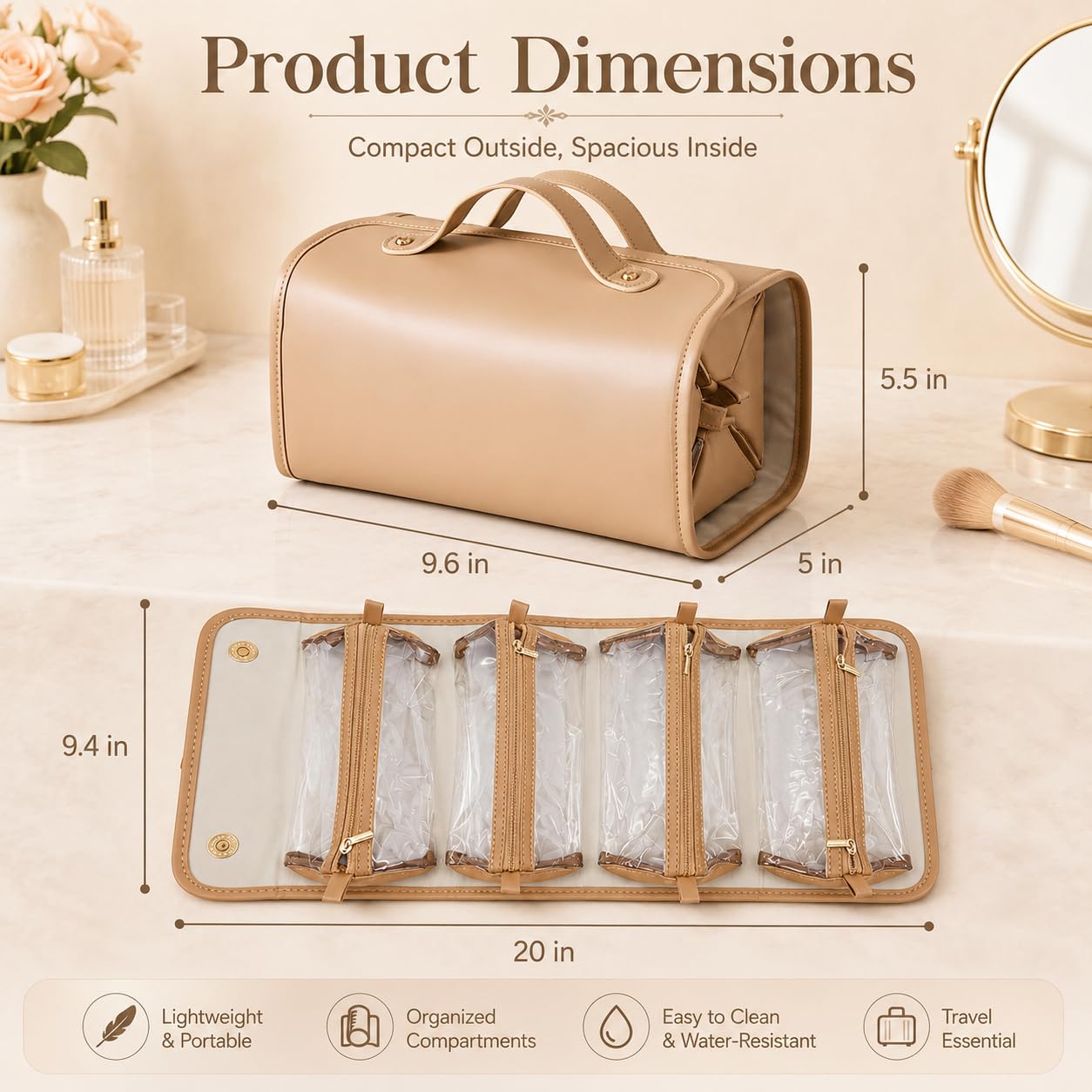 LuyaVogue Large Expandable Makeup Bag, 4-in-1 Waterproof Makeup bag, Cosmetic Bag with Detachable Interior Pockets, Ideal for Women Travel Essentials(Brown)