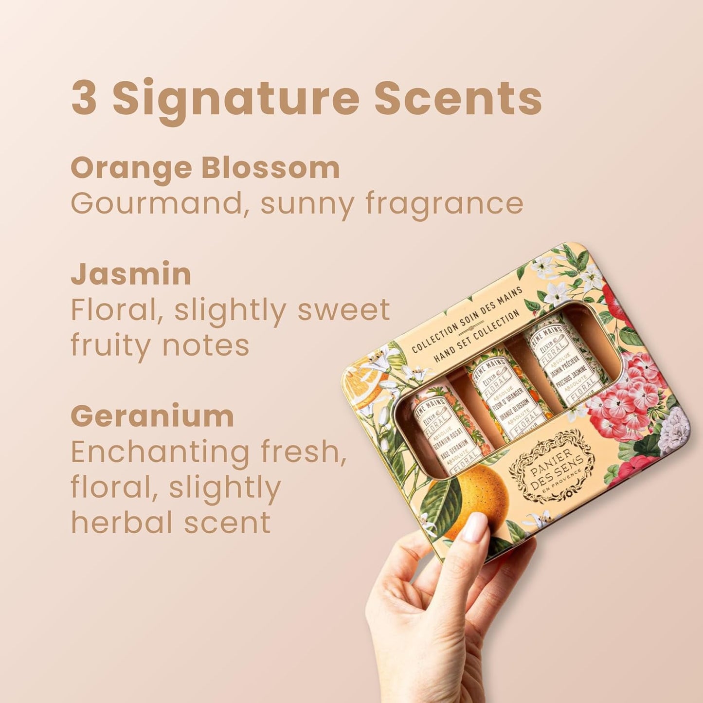 Panier des Sens Mini Hand Cream Set | 96% Natural Orange Blossom, Jasmine & Geranium - Travel Size 3x1 Fl Oz